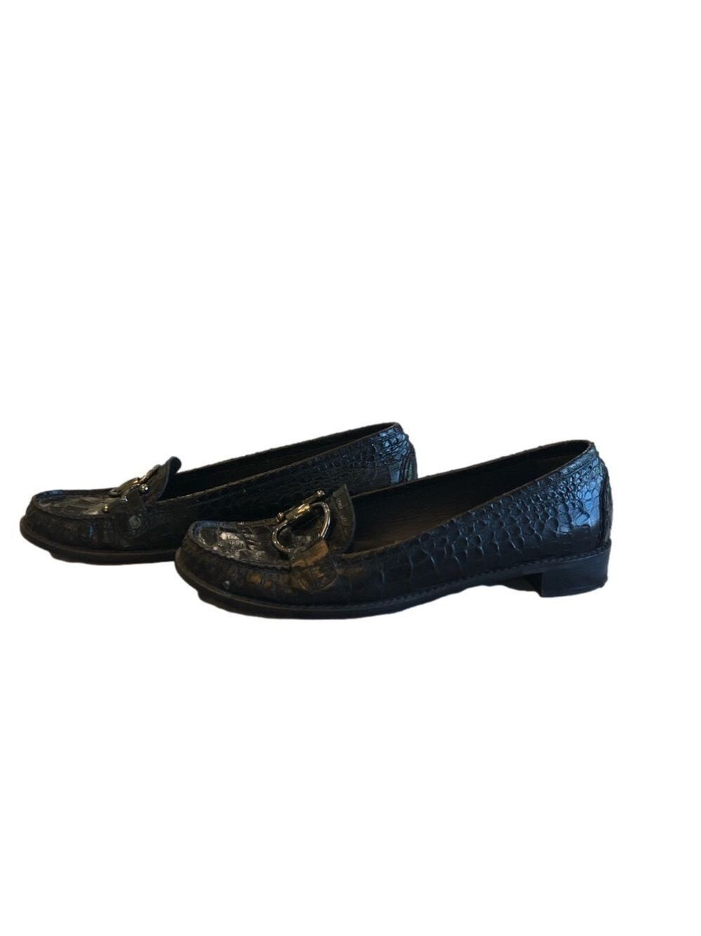 STUART Weitzman 10 N black reptile texture leather loafers with decorative ring - Picture 3 of 11